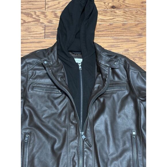 Calvin Klein Men's Dark Brown Faux Leather Jacket w/ Removable Hood, Size Large - Picture 4 of 8